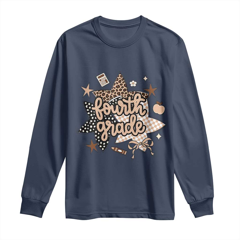Fourth Grade Leopard Checkered Star Coquette Long Sleeve Shirt Cute 4th Grade Girl Back to School Gift TS02 Navy Print Your Wear