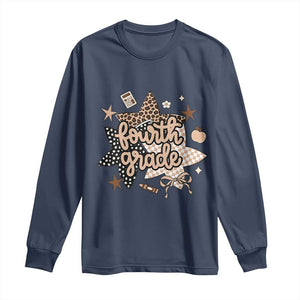 Fourth Grade Leopard Checkered Star Coquette Long Sleeve Shirt Cute 4th Grade Girl Back to School Gift TS02 Navy Print Your Wear