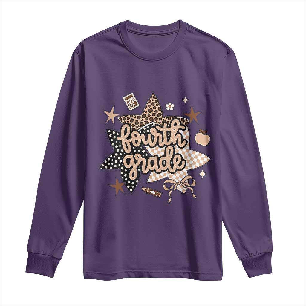 Fourth Grade Leopard Checkered Star Coquette Long Sleeve Shirt Cute 4th Grade Girl Back to School Gift TS02 Purple Print Your Wear