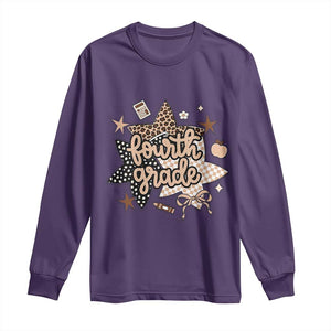 Fourth Grade Leopard Checkered Star Coquette Long Sleeve Shirt Cute 4th Grade Girl Back to School Gift TS02 Purple Print Your Wear