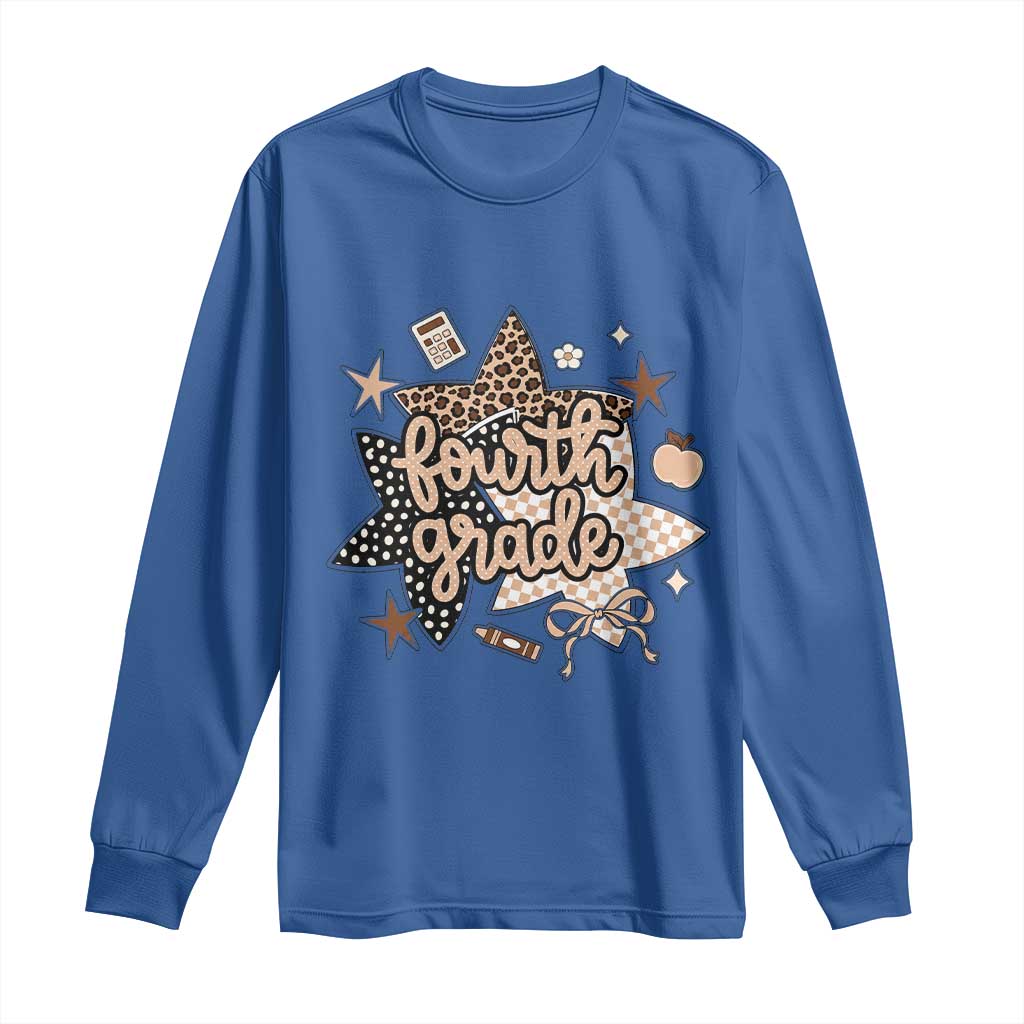 Fourth Grade Leopard Checkered Star Coquette Long Sleeve Shirt Cute 4th Grade Girl Back to School Gift TS02 Royal Blue Print Your Wear