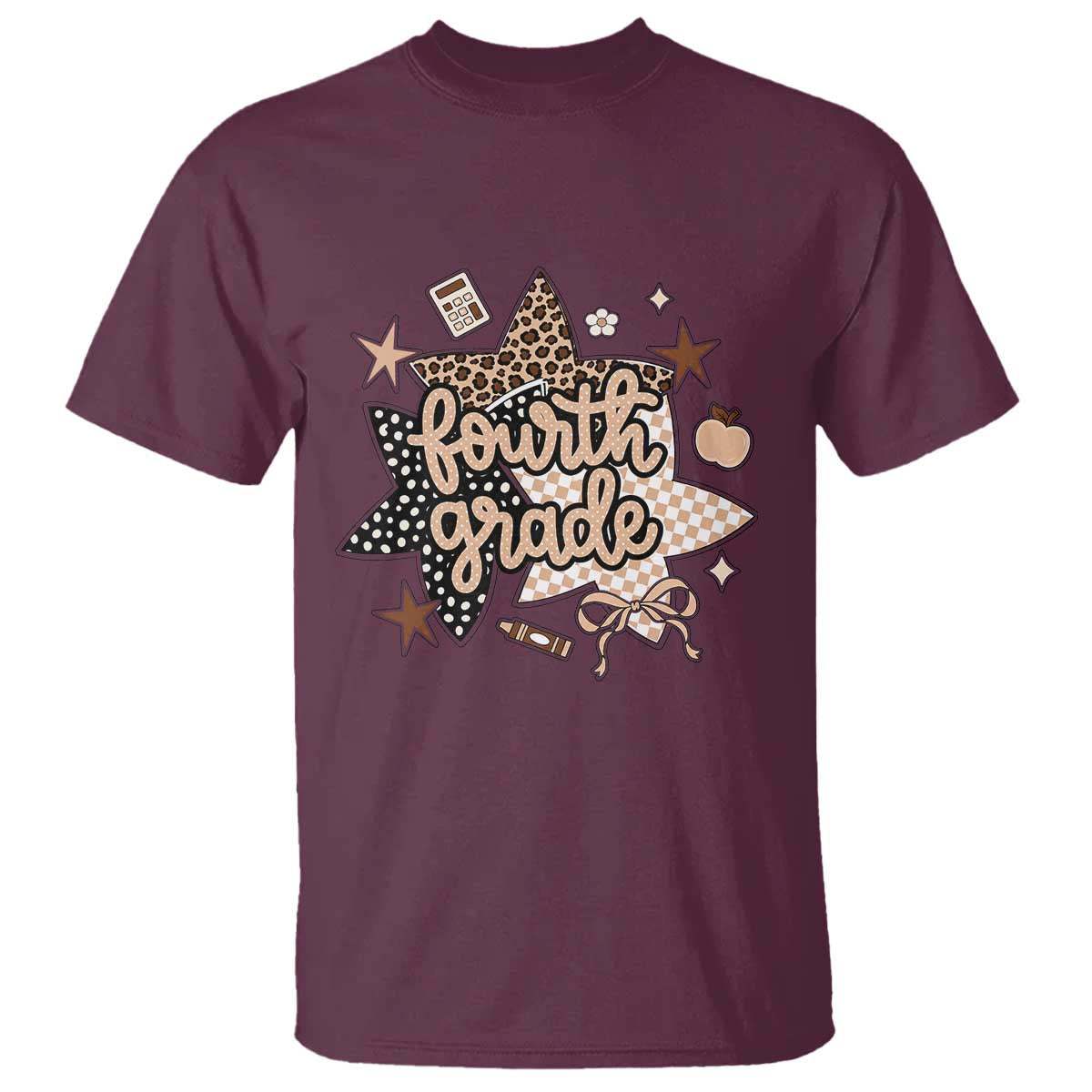 Fourth Grade Leopard Checkered Star Coquette T Shirt Cute 4th Grade Girl Back to School Gift TS02 Maroon Print Your Wear
