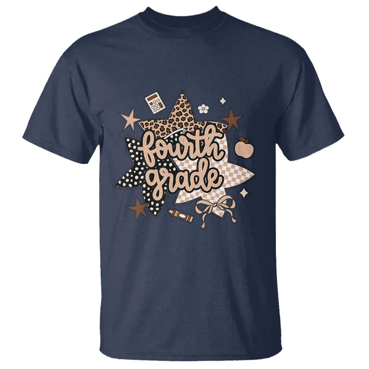 Fourth Grade Leopard Checkered Star Coquette T Shirt Cute 4th Grade Girl Back to School Gift TS02 Navy Print Your Wear