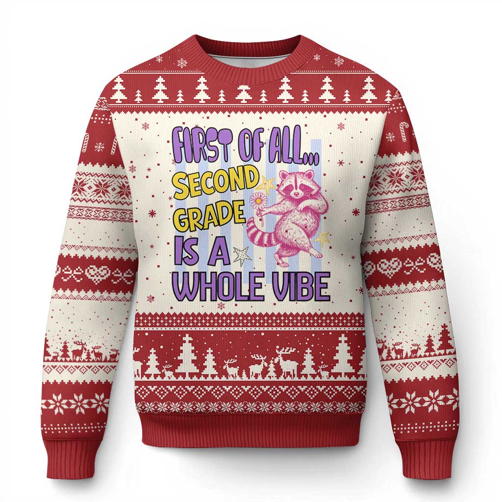 Cute Raccoon 2nd Grade Student Teacher Preppy Style Ugly Christmas Sweater First of All Second Grade Is A Whole Vibe Back To School TS02 Beige Red Print Your Wear