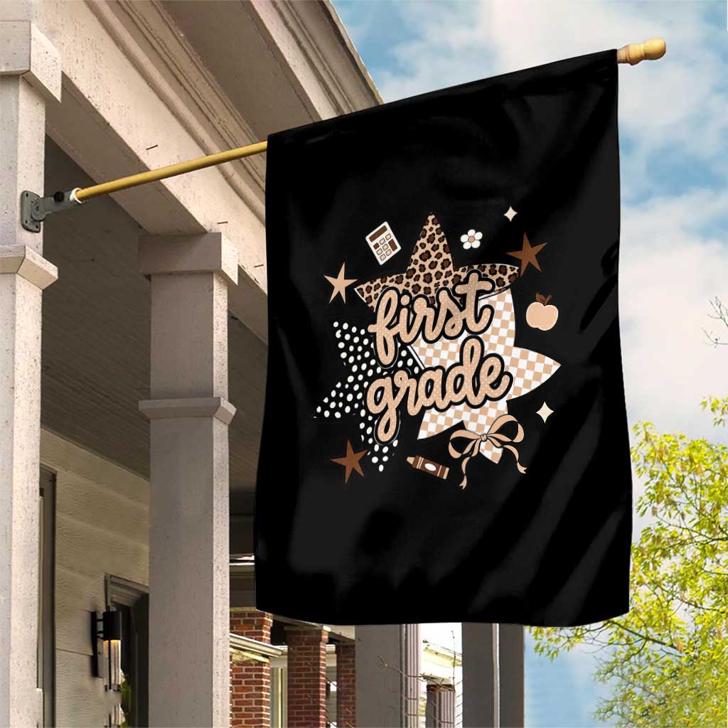 First Grade Leopard Checkered Star Coquette Garden Flag Cute 1st Grade Girl Back to School Gift TS02 Print Your Wear