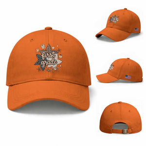 First Grade Leopard Checkered Star Coquette Baseball Cap Cute 1st Grade Girl Back to School Gift TS02 Baseball Cap Universal Fit Orange Print Your Wear