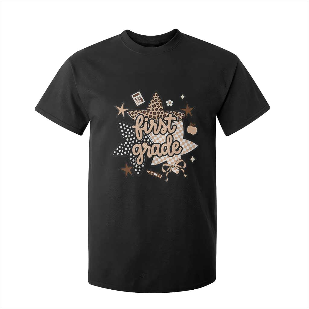First Grade Leopard Checkered Star Coquette T Shirt For Kid Cute 1st Grade Girl Back to School Gift TS02 Black Print Your Wear