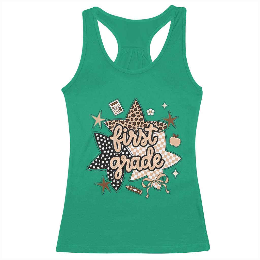 First Grade Leopard Checkered Star Coquette Racerback Tank Top Cute 1st Grade Girl Back to School Gift TS02 Irish Green Print Your Wear