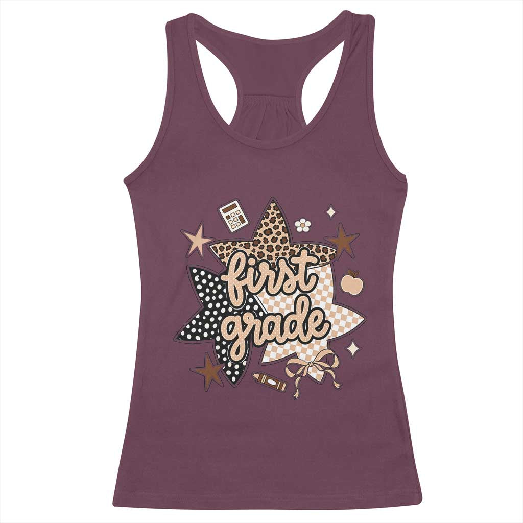 First Grade Leopard Checkered Star Coquette Racerback Tank Top Cute 1st Grade Girl Back to School Gift TS02 Maroon Print Your Wear