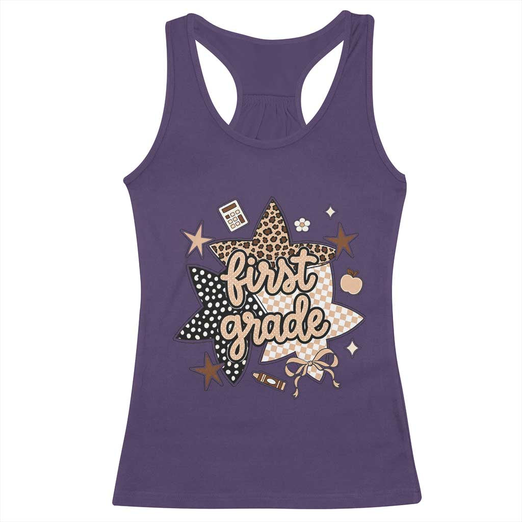 First Grade Leopard Checkered Star Coquette Racerback Tank Top Cute 1st Grade Girl Back to School Gift TS02 Purple Print Your Wear