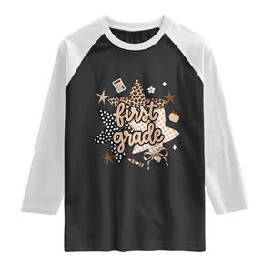 First Grade Leopard Checkered Star Coquette Raglan Shirt Cute 1st Grade Girl Back to School Gift TS02 Black White Print Your Wear