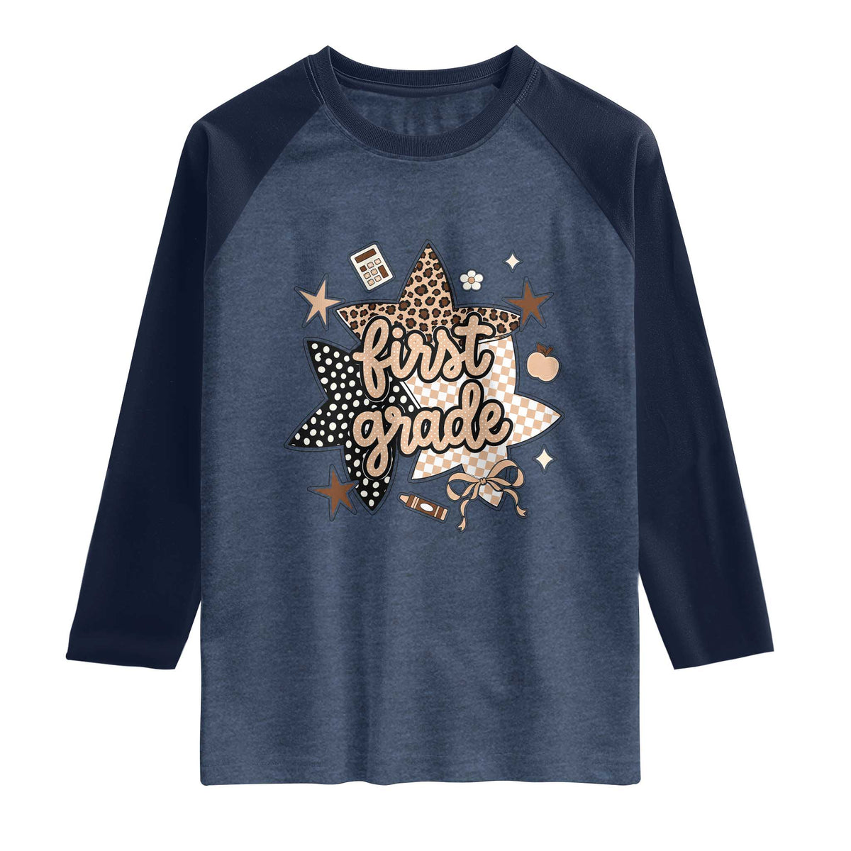 First Grade Leopard Checkered Star Coquette Raglan Shirt Cute 1st Grade Girl Back to School Gift TS02 Heather Denim Navy Print Your Wear