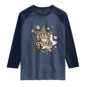 First Grade Leopard Checkered Star Coquette Raglan Shirt Cute 1st Grade Girl Back to School Gift TS02 Heather Denim Navy Print Your Wear