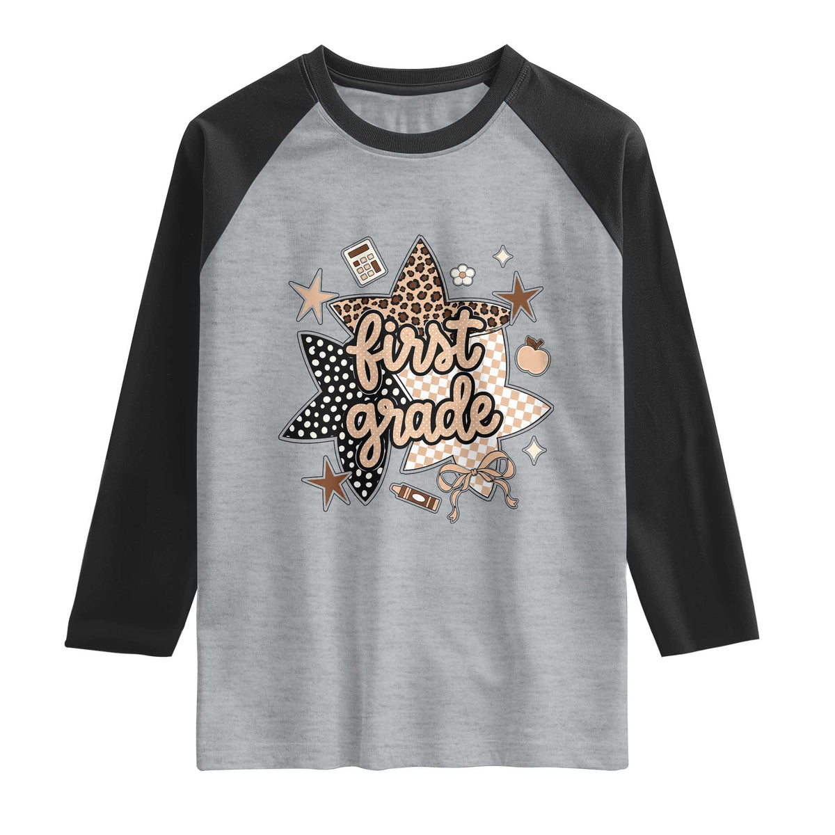 First Grade Leopard Checkered Star Coquette Raglan Shirt Cute 1st Grade Girl Back to School Gift TS02 Heather Gray Black Print Your Wear
