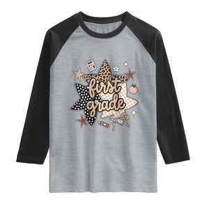 First Grade Leopard Checkered Star Coquette Raglan Shirt Cute 1st Grade Girl Back to School Gift TS02 Heather Gray Black Print Your Wear