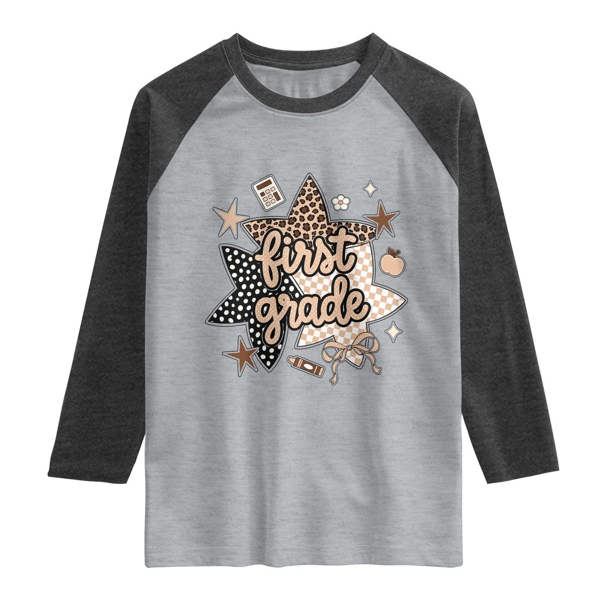 First Grade Leopard Checkered Star Coquette Raglan Shirt Cute 1st Grade Girl Back to School Gift TS02 Heather Gray Heather Charcoal Print Your Wear