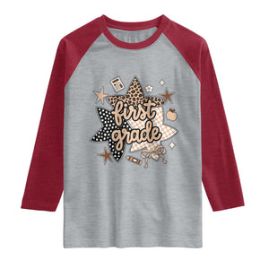 First Grade Leopard Checkered Star Coquette Raglan Shirt Cute 1st Grade Girl Back to School Gift TS02 Heather Gray Heather Red Print Your Wear