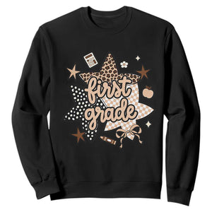 First Grade Leopard Checkered Star Coquette Sweatshirt Cute 1st Grade Girl Back to School Gift TS02 Black Print Your Wear