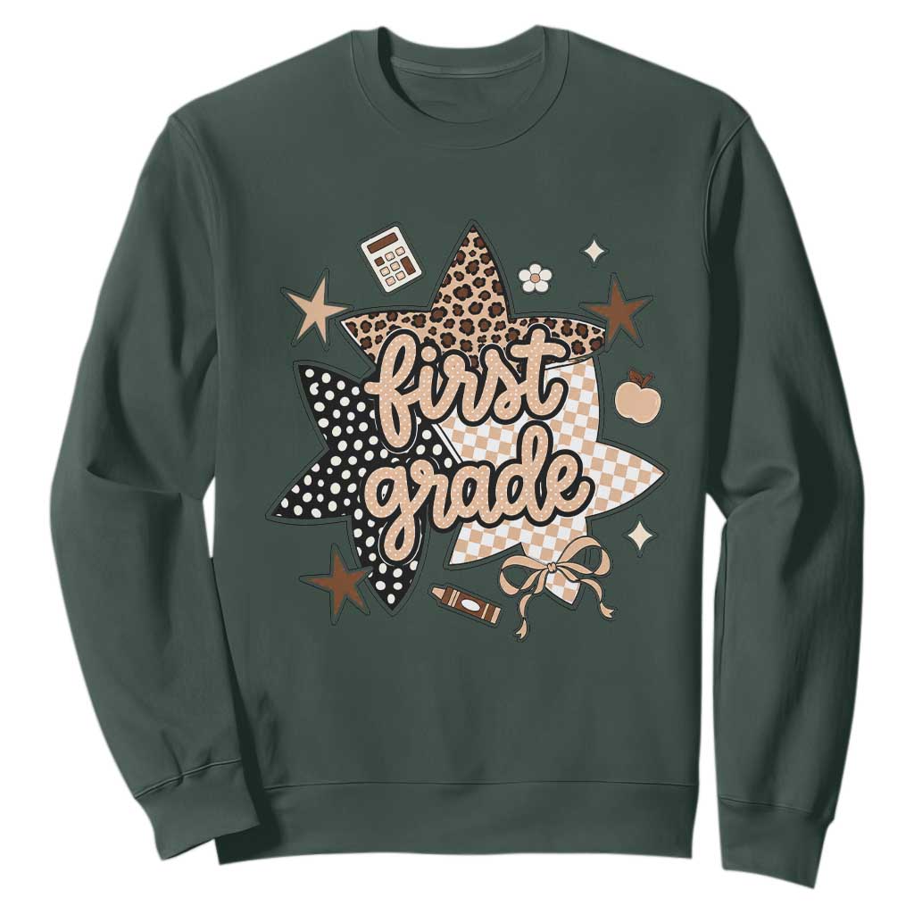 First Grade Leopard Checkered Star Coquette Sweatshirt Cute 1st Grade Girl Back to School Gift TS02 Dark Forest Green Print Your Wear