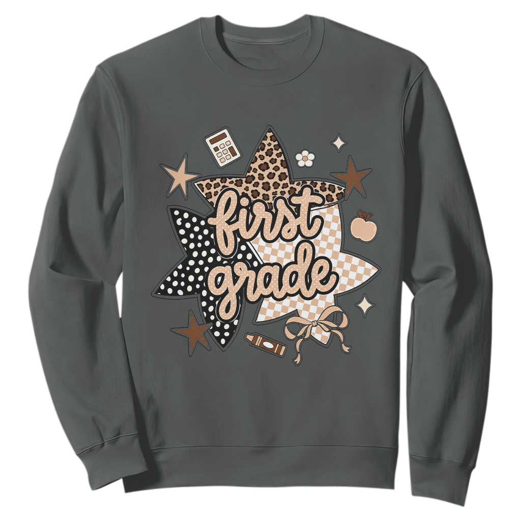 First Grade Leopard Checkered Star Coquette Sweatshirt Cute 1st Grade Girl Back to School Gift TS02 Dark Heather Print Your Wear