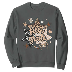 First Grade Leopard Checkered Star Coquette Sweatshirt Cute 1st Grade Girl Back to School Gift TS02 Dark Heather Print Your Wear