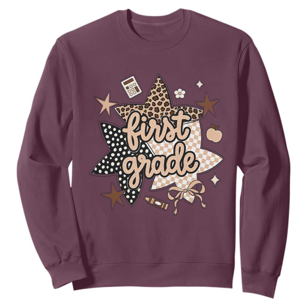 First Grade Leopard Checkered Star Coquette Sweatshirt Cute 1st Grade Girl Back to School Gift TS02 Maroon Print Your Wear
