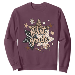 First Grade Leopard Checkered Star Coquette Sweatshirt Cute 1st Grade Girl Back to School Gift TS02 Maroon Print Your Wear