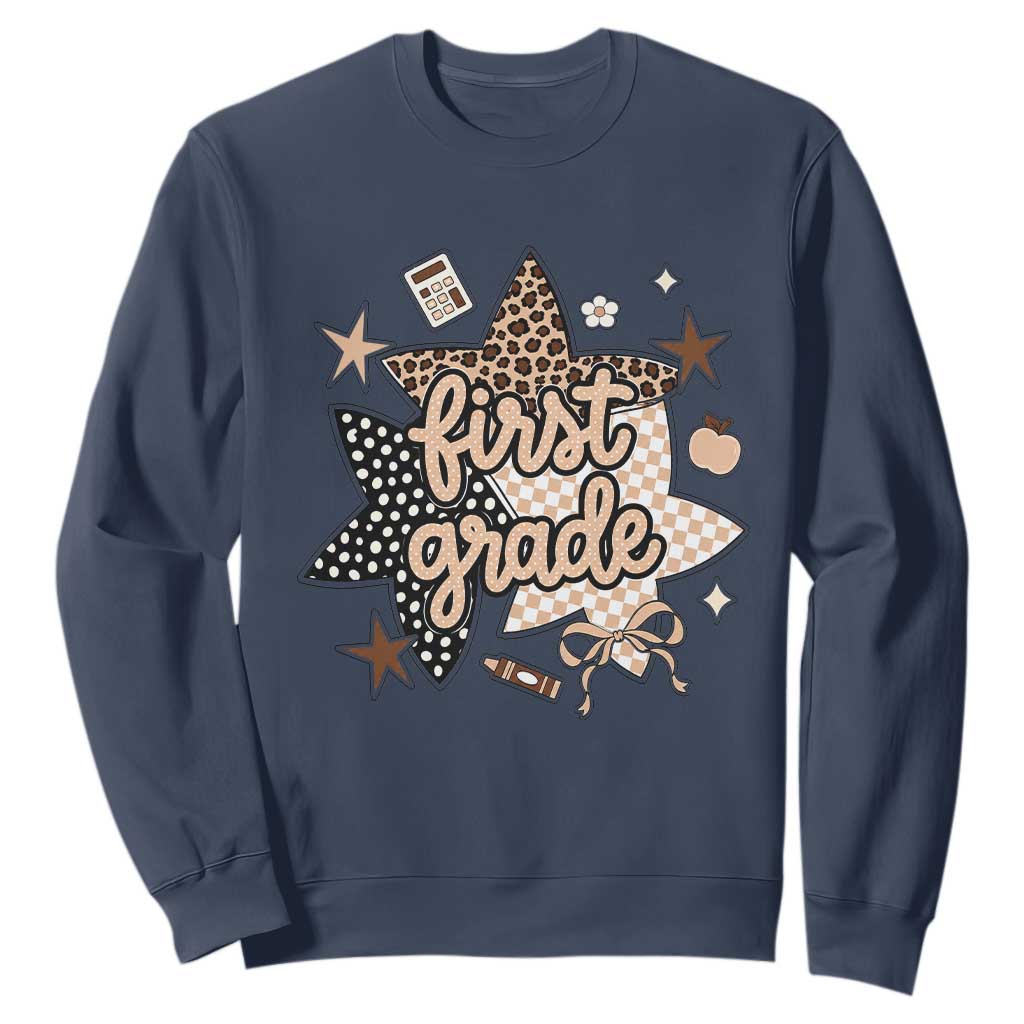First Grade Leopard Checkered Star Coquette Sweatshirt Cute 1st Grade Girl Back to School Gift TS02 Navy Print Your Wear