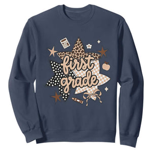 First Grade Leopard Checkered Star Coquette Sweatshirt Cute 1st Grade Girl Back to School Gift TS02 Navy Print Your Wear