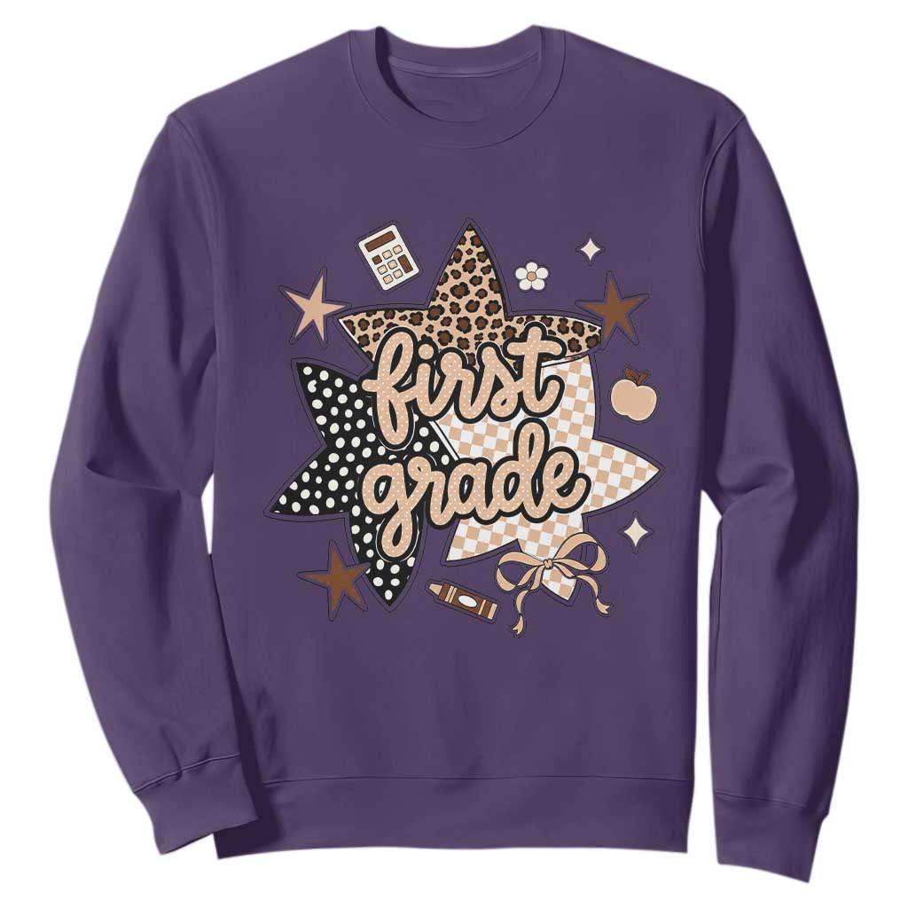 First Grade Leopard Checkered Star Coquette Sweatshirt Cute 1st Grade Girl Back to School Gift TS02 Purple Print Your Wear
