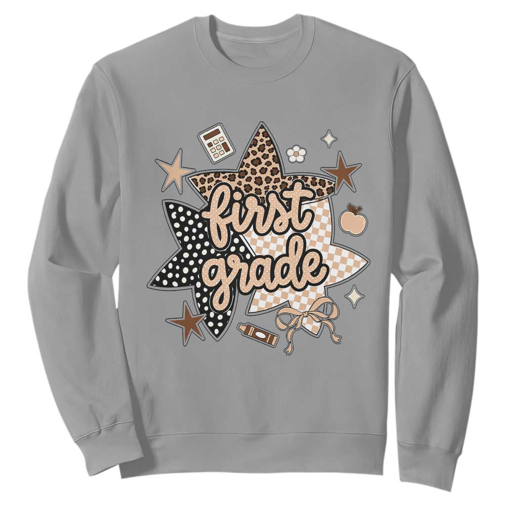 First Grade Leopard Checkered Star Coquette Sweatshirt Cute 1st Grade Girl Back to School Gift TS02 Sport Gray Print Your Wear