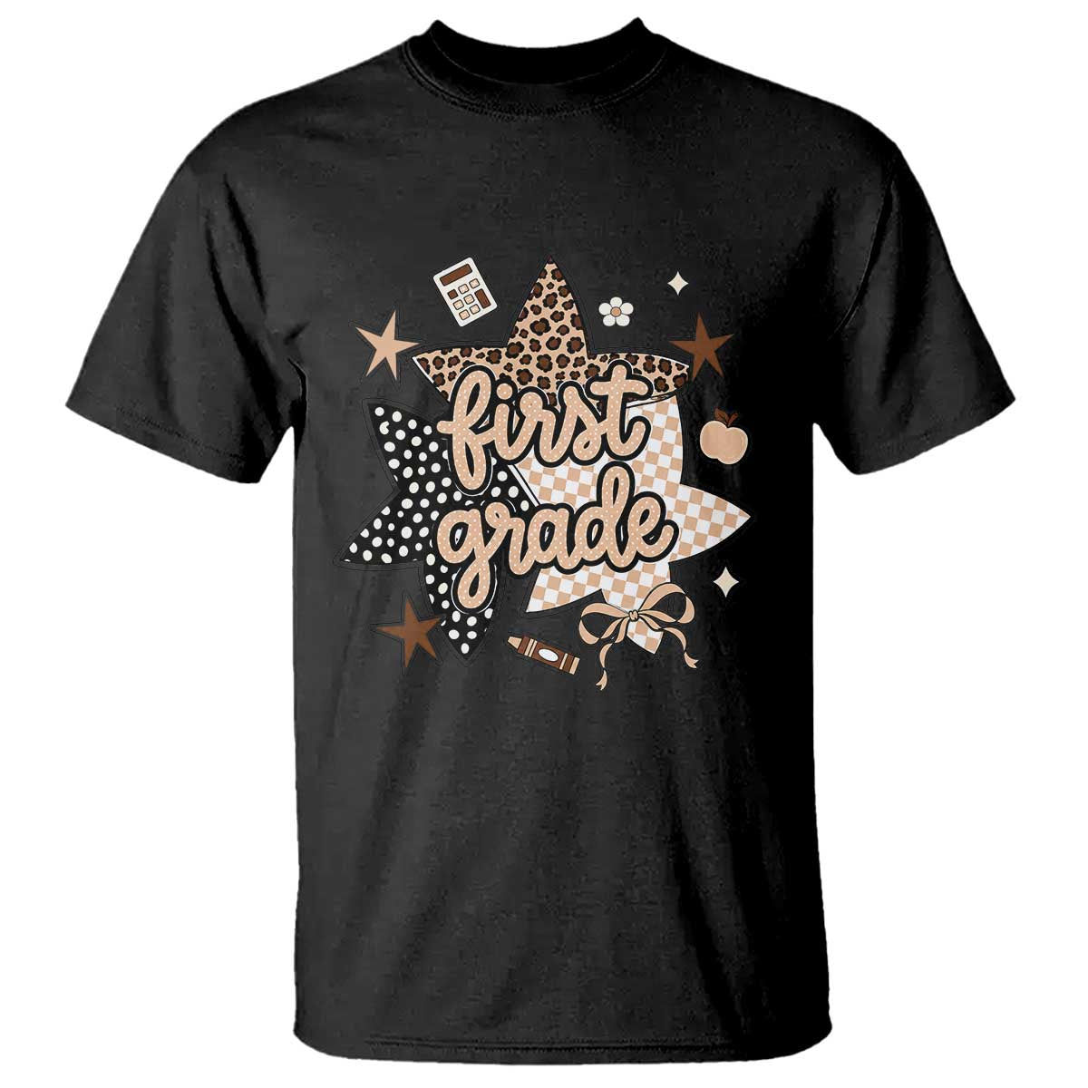 First Grade Leopard Checkered Star Coquette T Shirt Cute 1st Grade Girl Back to School Gift TS02 Black Print Your Wear