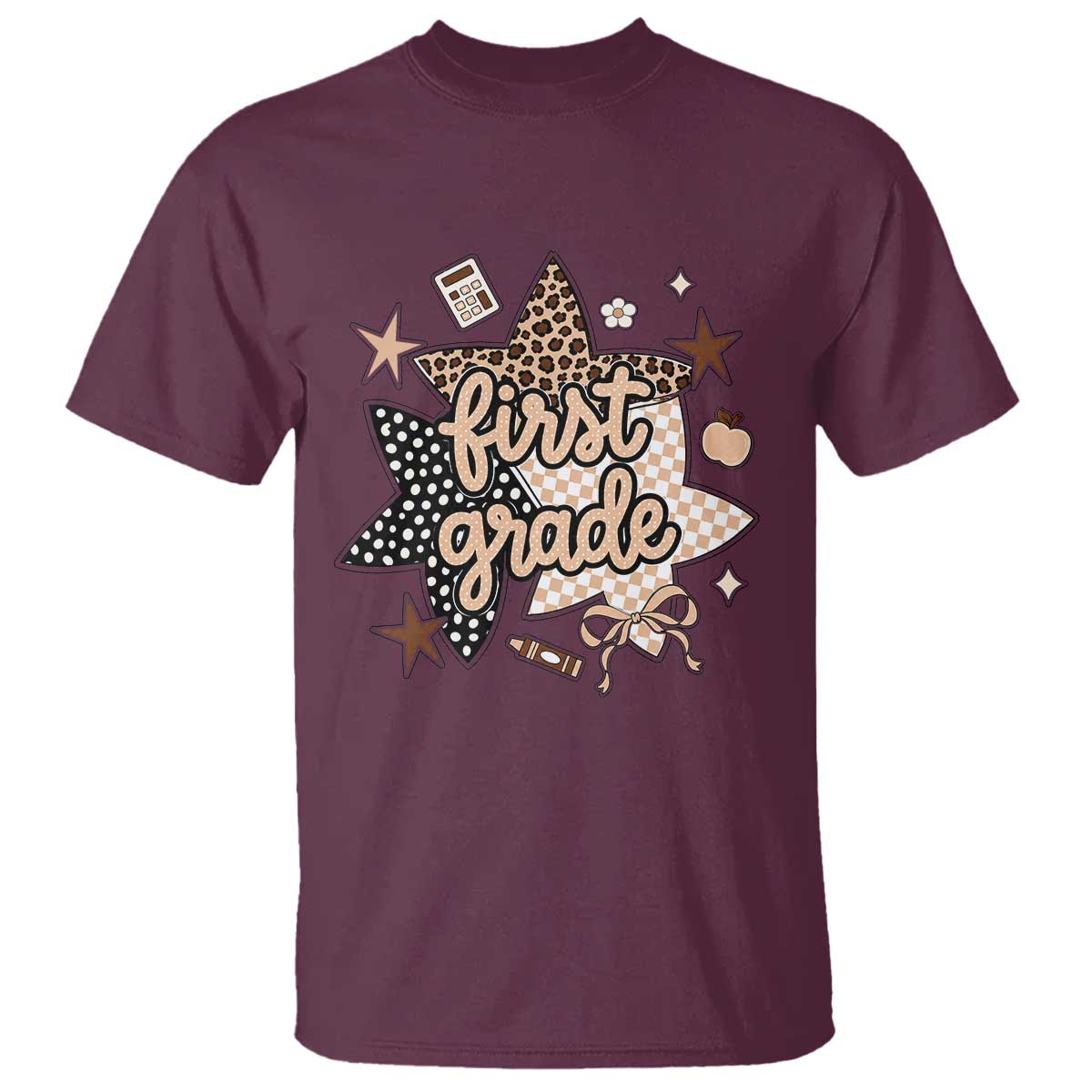 First Grade Leopard Checkered Star Coquette T Shirt Cute 1st Grade Girl Back to School Gift TS02 Maroon Print Your Wear