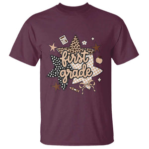 First Grade Leopard Checkered Star Coquette T Shirt Cute 1st Grade Girl Back to School Gift TS02 Maroon Print Your Wear