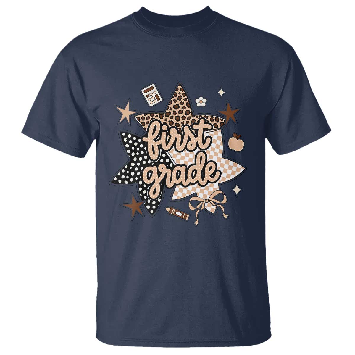 First Grade Leopard Checkered Star Coquette T Shirt Cute 1st Grade Girl Back to School Gift TS02 Navy Print Your Wear