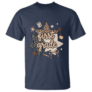 First Grade Leopard Checkered Star Coquette T Shirt Cute 1st Grade Girl Back to School Gift TS02 Navy Print Your Wear