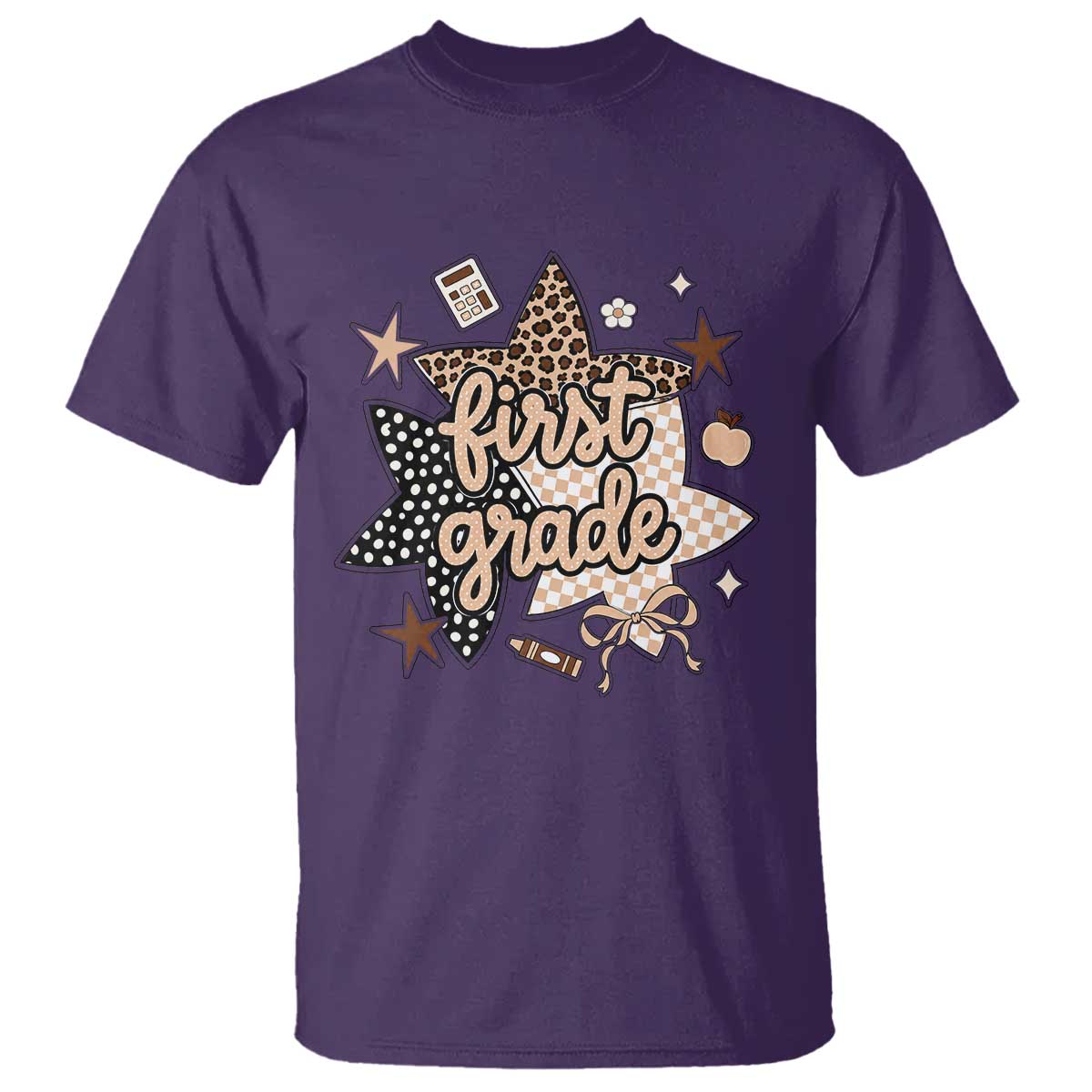 First Grade Leopard Checkered Star Coquette T Shirt Cute 1st Grade Girl Back to School Gift TS02 Purple Print Your Wear