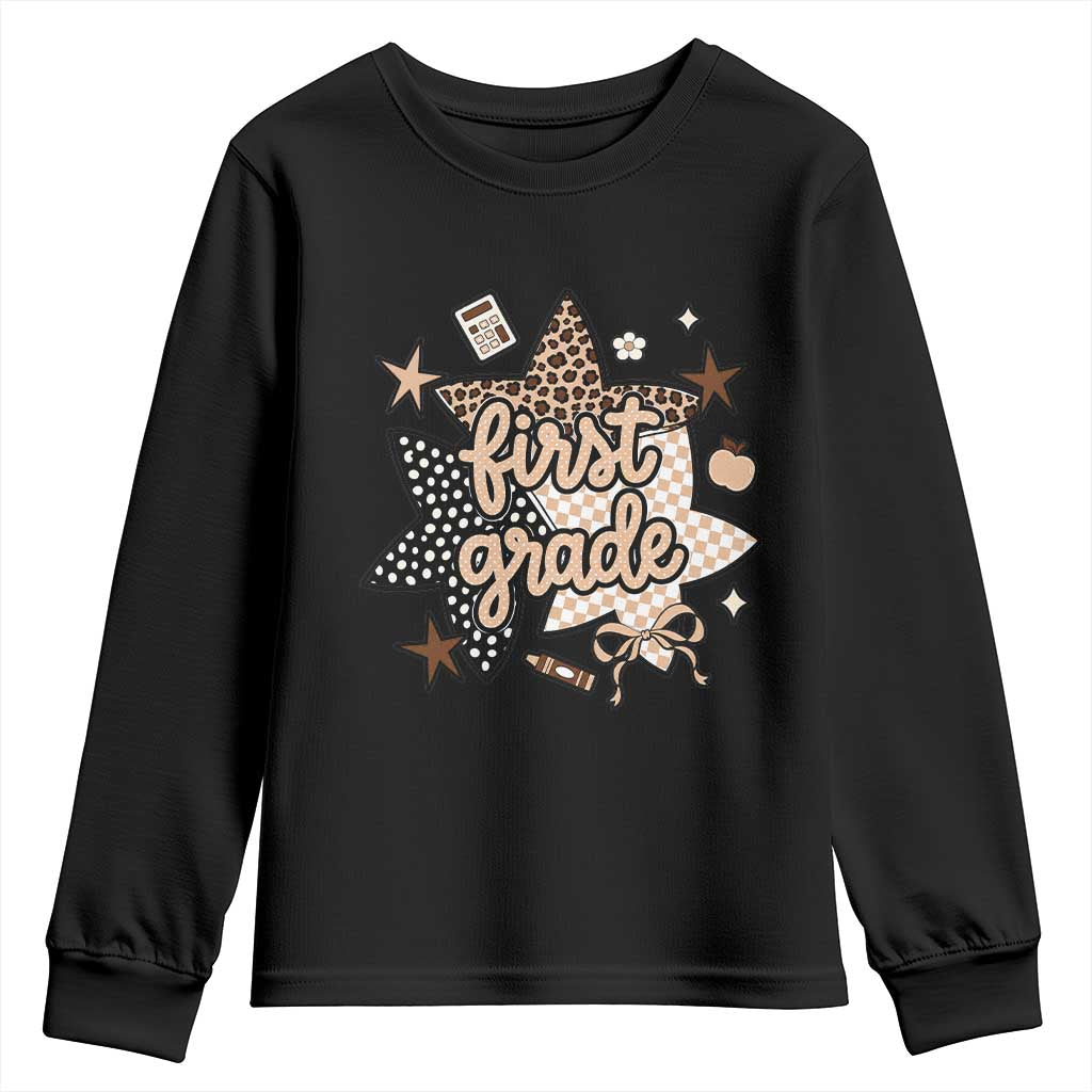 First Grade Leopard Checkered Star Coquette Youth Sweatshirt Cute 1st Grade Girl Back to School Gift TS02 Black Print Your Wear
