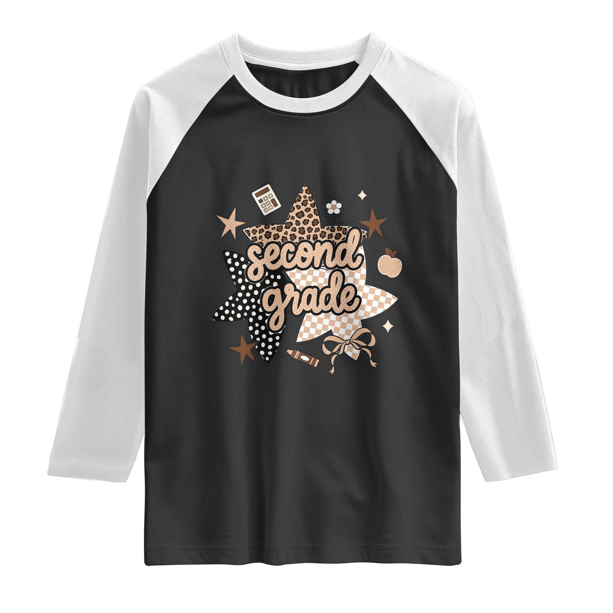 Second Grade Leopard Checkered Star Coquette Raglan Shirt Cute 2nd Grade Girl Back to School Gift TS02 Black White Print Your Wear