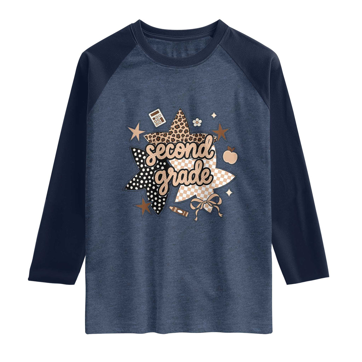 Second Grade Leopard Checkered Star Coquette Raglan Shirt Cute 2nd Grade Girl Back to School Gift TS02 Heather Denim Navy Print Your Wear
