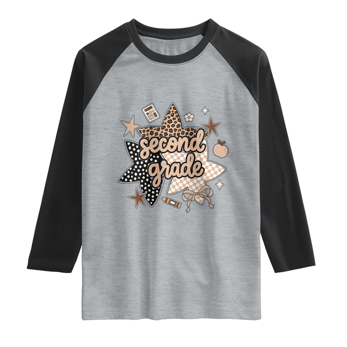 Second Grade Leopard Checkered Star Coquette Raglan Shirt Cute 2nd Grade Girl Back to School Gift TS02 Heather Gray Black Print Your Wear