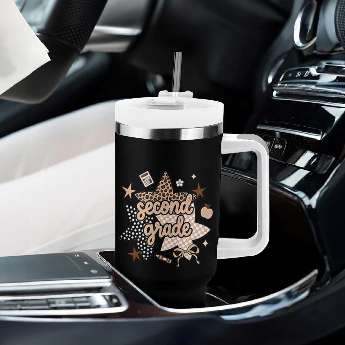 Second Grade Leopard Checkered Star Coquette Tumbler With Handle Cute 2nd Grade Girl Back to School Gift TS02 Print Your Wear