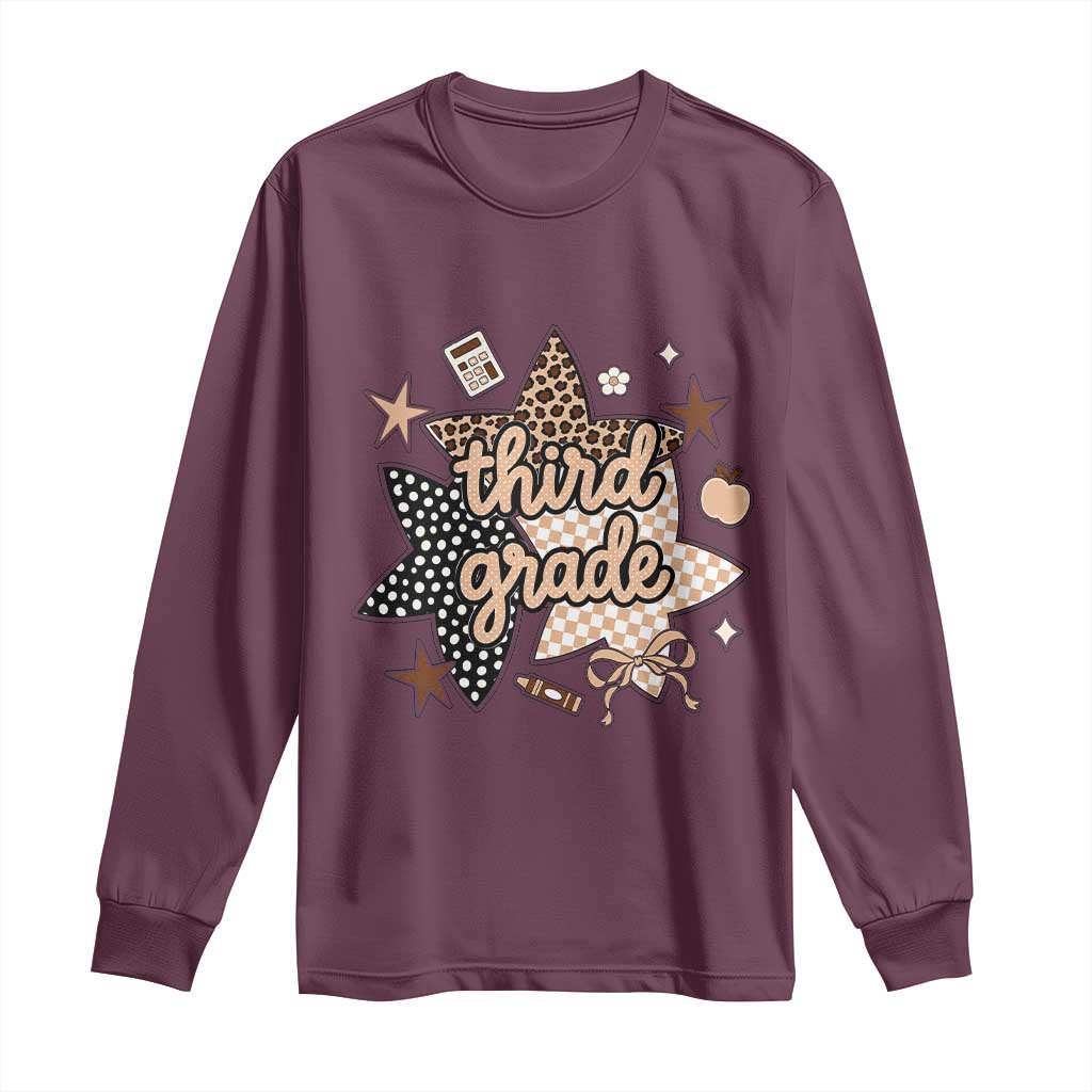 Third Grade Leopard Checkered Star Coquette Long Sleeve Shirt Cute 3rd Grade Girl Back to School Gift TS02 Maroon Print Your Wear
