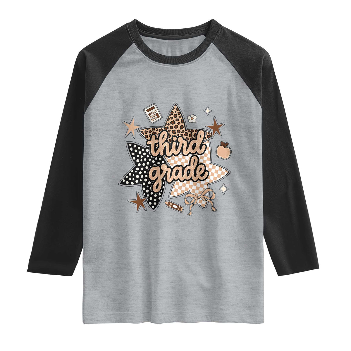 Third Grade Leopard Checkered Star Coquette Raglan Shirt Cute 3rd Grade Girl Back to School Gift TS02 Heather Gray Black Print Your Wear