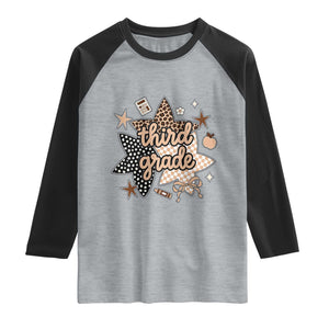 Third Grade Leopard Checkered Star Coquette Raglan Shirt Cute 3rd Grade Girl Back to School Gift TS02 Heather Gray Black Print Your Wear