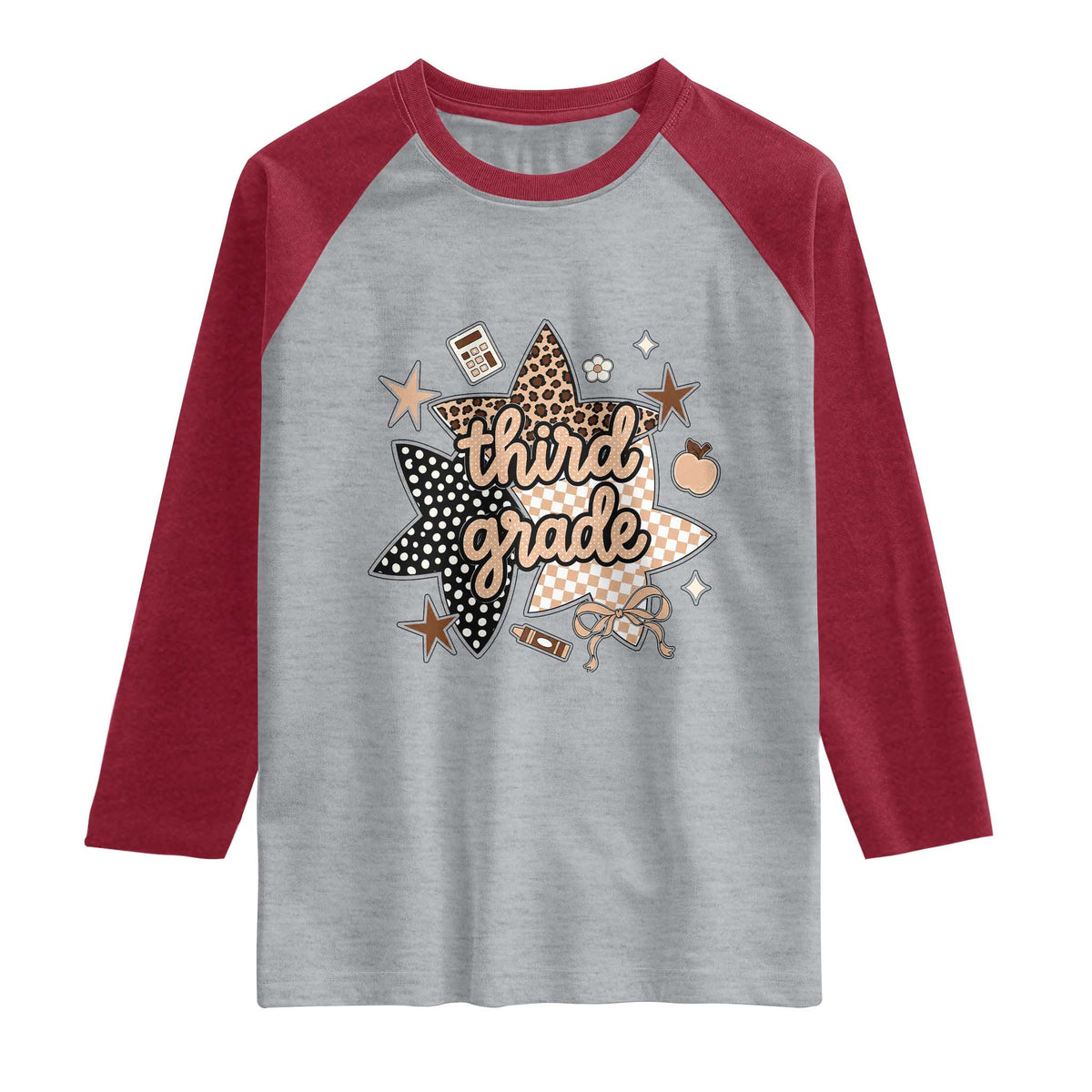Third Grade Leopard Checkered Star Coquette Raglan Shirt Cute 3rd Grade Girl Back to School Gift TS02 Heather Gray Heather Red Print Your Wear