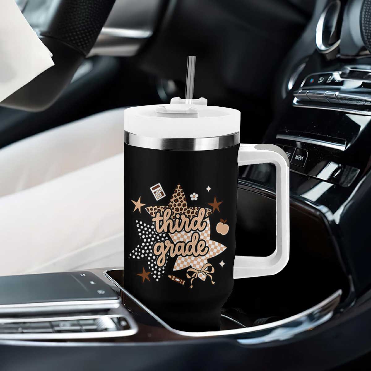 Third Grade Leopard Checkered Star Coquette Tumbler With Handle Cute 3rd Grade Girl Back to School Gift TS02 Print Your Wear