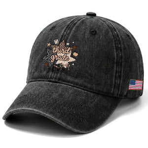 Third Grade Leopard Checkered Star Coquette Washed Cotton Baseball Cap Cute 3rd Grade Girl Back to School Gift TS02 Print Your Wear
