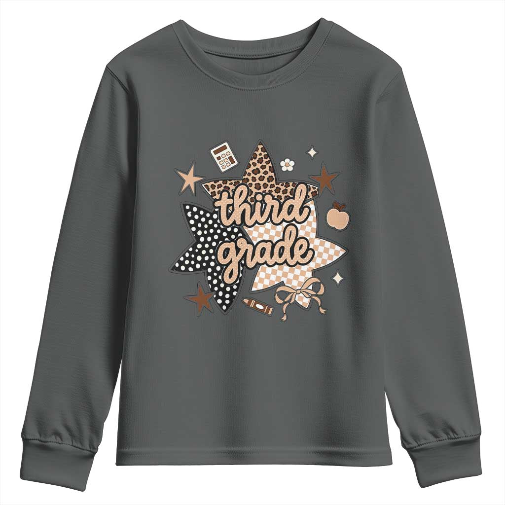 Third Grade Leopard Checkered Star Coquette Youth Sweatshirt Cute 3rd Grade Girl Back to School Gift TS02 Dark Heather Print Your Wear