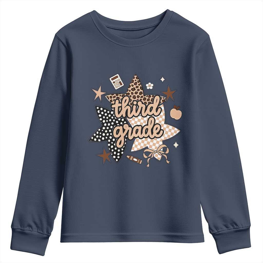 Third Grade Leopard Checkered Star Coquette Youth Sweatshirt Cute 3rd Grade Girl Back to School Gift TS02 Navy Print Your Wear